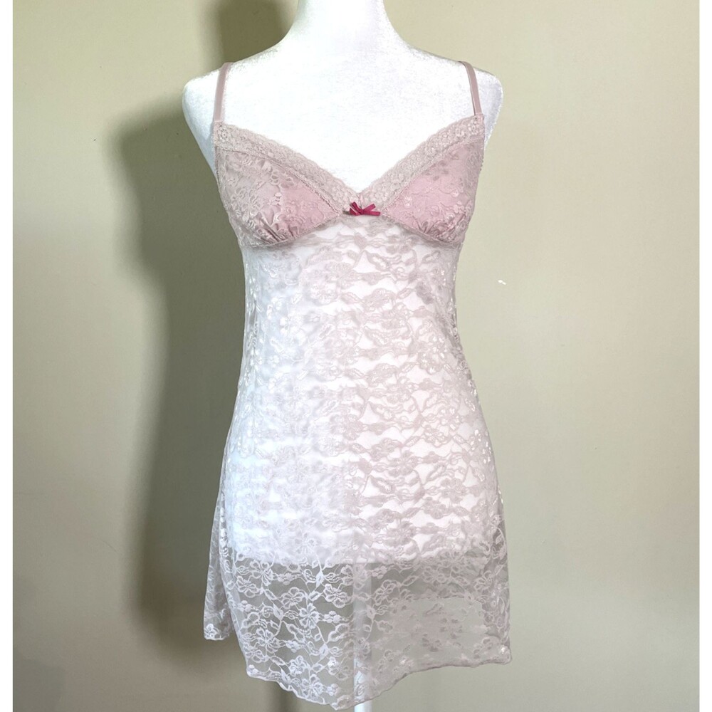 Victoria’s Secret Sheer Lace Slip Pink Rose Babydoll Size Small Vintage Y2K VTG